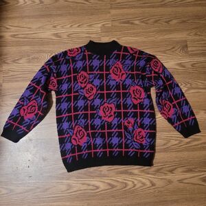 Sparkly Floral Patterned Black and Purple Vintage Sweater